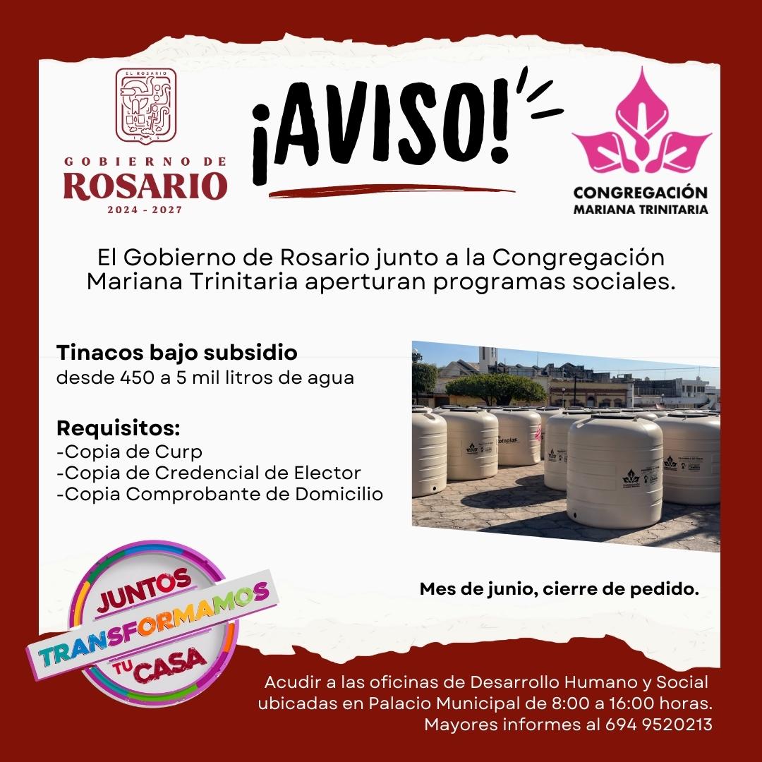 Rosario invita a ciudadanos a aprovechar programa de tinacos subsidiados $!Rosario invita a ciudadanos a aprovechar programa de tinacos subsidiados
