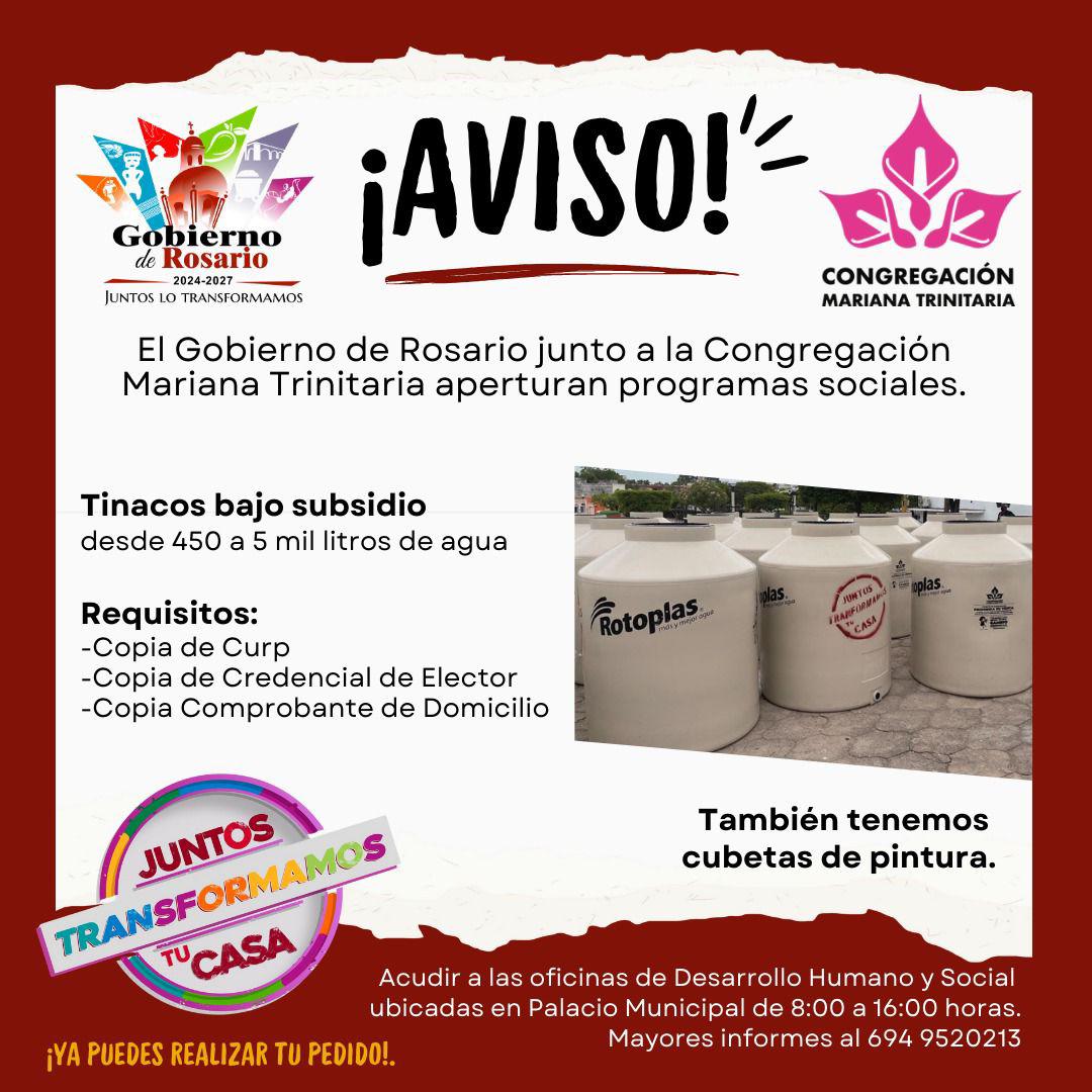 Llaman aprovechar el programa de subsidios para adquirir tinacos y pintura, en Rosario $!Llaman aprovechar el programa de subsidios para adquirir tinacos y pintura, en Rosario