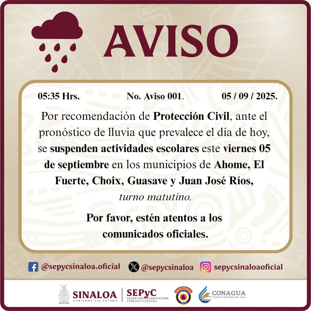 Suspenden clases en turno matutino en norte de Sinaloa por lluvias $!Suspenden clases en turno matutino en norte de Sinaloa por lluvias