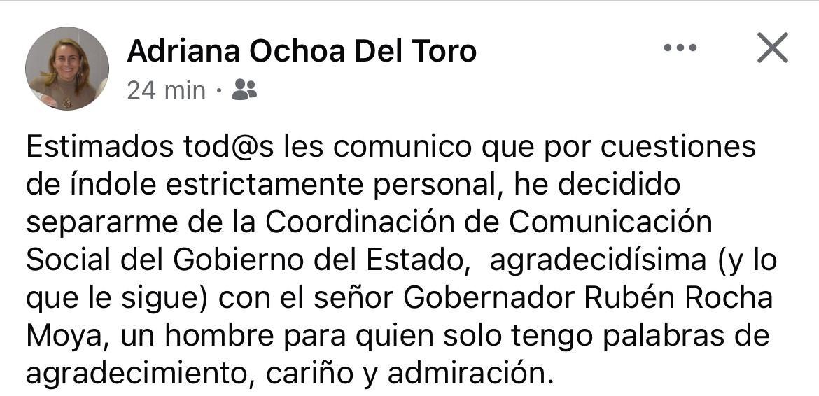 Adriana Ochoa deja Coordinación de Comunicación Social del Gobierno de Sinaloa $!Adriana Ochoa deja Coordinación de Comunicación Social del Gobierno de Sinaloa