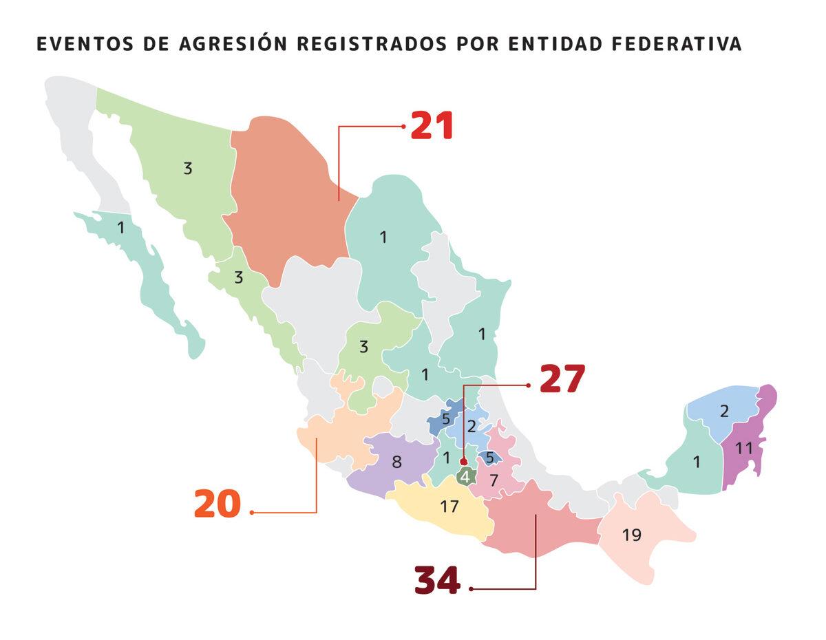 Estados del país en donde se registraron eventos de agresión en contra de defensores. Fuente: Cemda $!Estados del país en donde se registraron eventos de agresión en contra de defensores. Fuente: Cemda