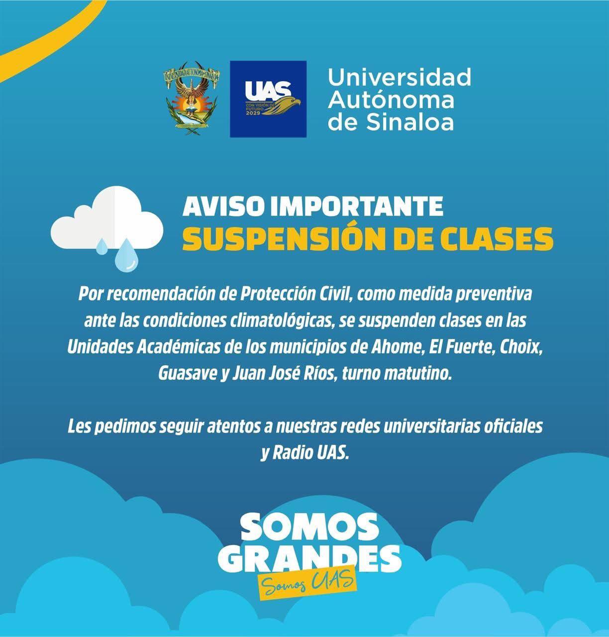 Suspenden clases en turno matutino en norte de Sinaloa por lluvias $!Suspenden clases en turno matutino en norte de Sinaloa por lluvias