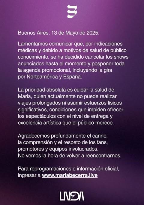Cancela Maria Becerra gira tras embarazo ectópico $!Cancela Maria Becerra gira tras embarazo ectópico