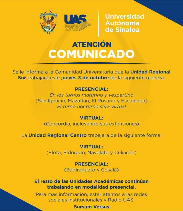 Vuelven clases presenciales de la UAS en Mazatlán para este jueves $!Vuelven clases presenciales de la UAS en Mazatlán para este jueves