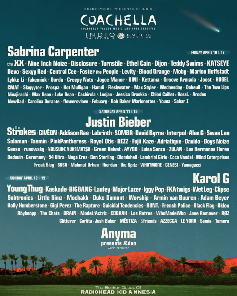 Karol G, Sabrina Carpenter, Justin Bieber encabezan el cartel de Coachella 2026 $!Karol G, Sabrina Carpenter, Justin Bieber encabezan el cartel de Coachella 2026