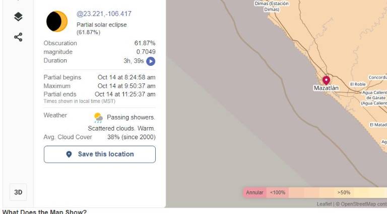 El eclipse anular del sábado 14 de octubre podrá ser visto desde cualquier punto de la ciudad a partir de las 08:00 horas.