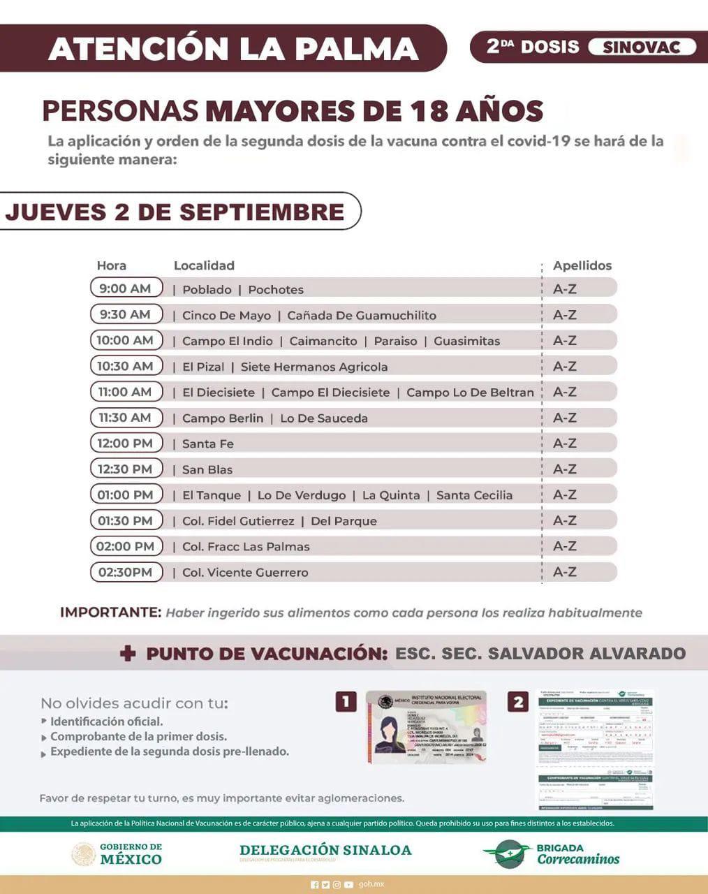 $!Esta es la programación en Cosalá y Navolato para la aplicación de la segunda dosis a mayores de 18 años