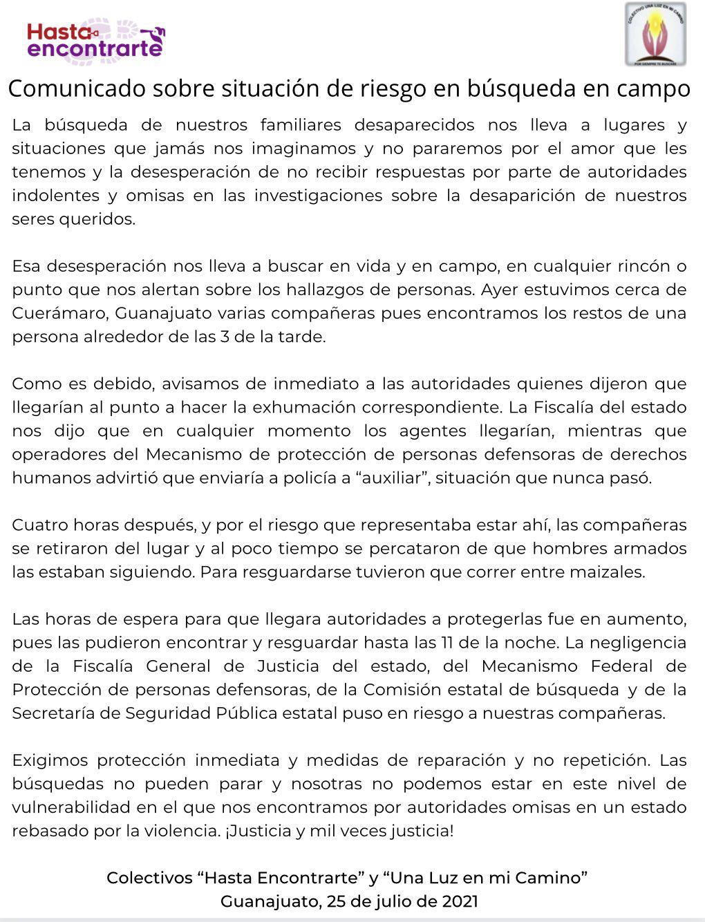 $!Los colectivos Hasta encontrarte y Una luz en mi camino exigieron medidas de protección y denunciaron el riesgo en que corrieron en una búsqueda en campo en Cuerámaro.
