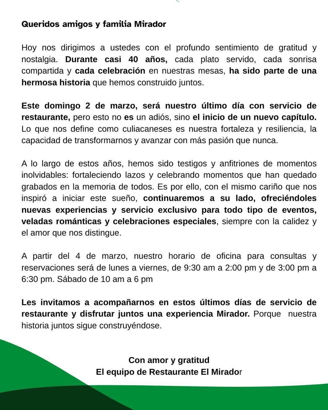 $!Restaurante El Mirador cierra en Culiacán; sólo tendrá servicio para eventos sociales