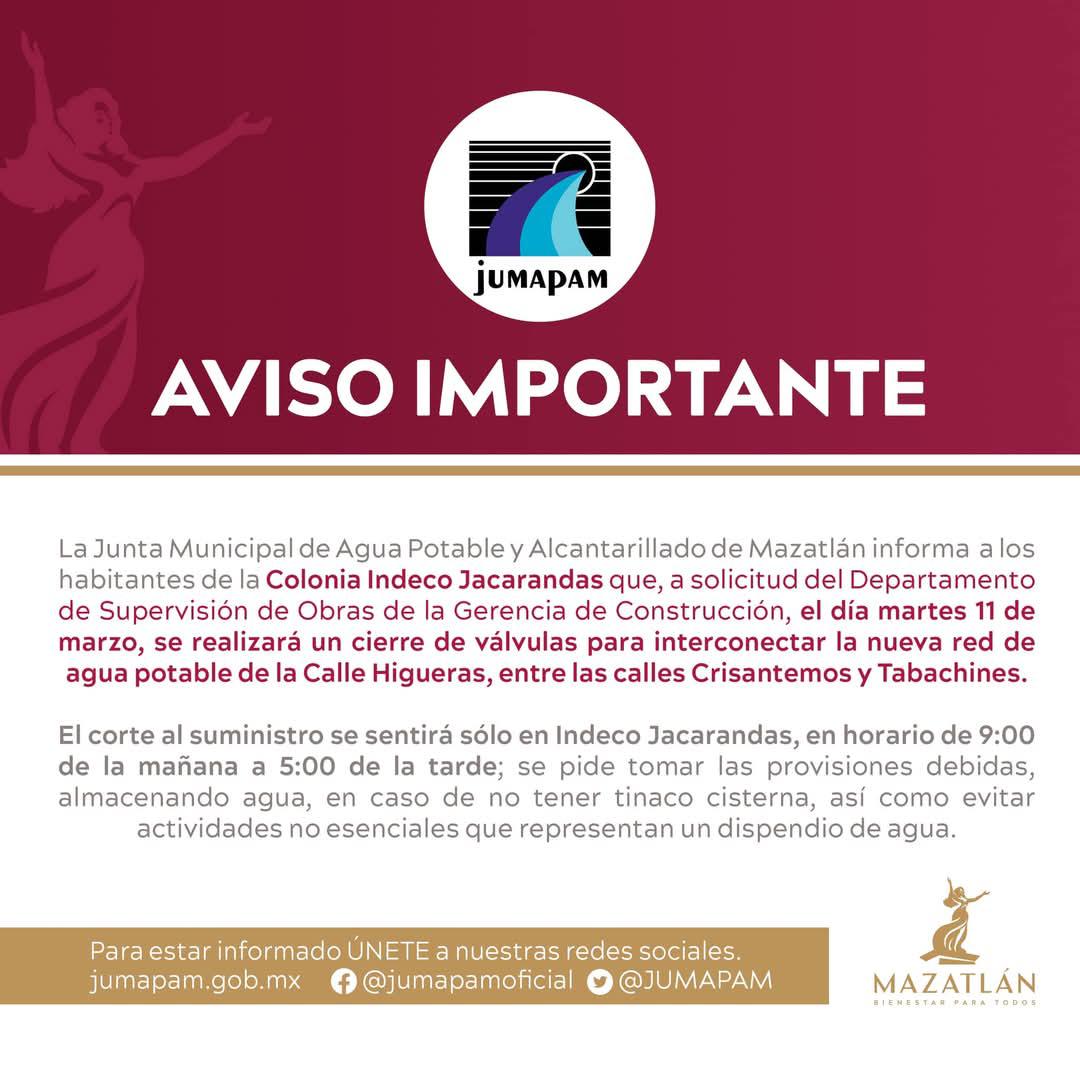 $!Suspenderá Jumapam este martes servicio de agua en la Indeco Jacarandas, en Mazatlán