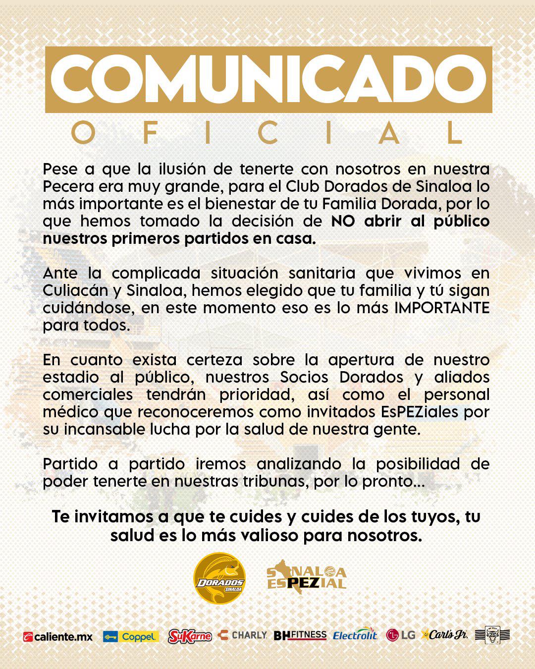 $!Dorados de Sinaloa iniciará el Apertura 2021 de la Liga de Expansión MX a puerta cerrada