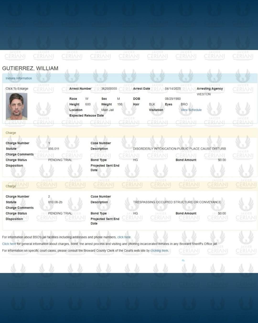 $!Esta es la ficha de detención del actor en Miami.