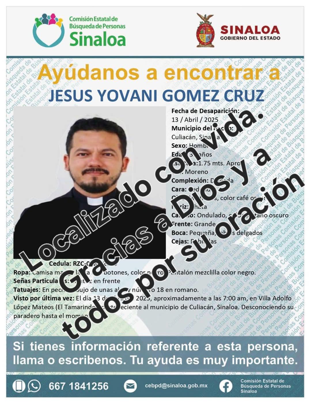 $!Localizan con vida al sacerdote Jesús Yovani, confirma la Diócesis de Culiacán