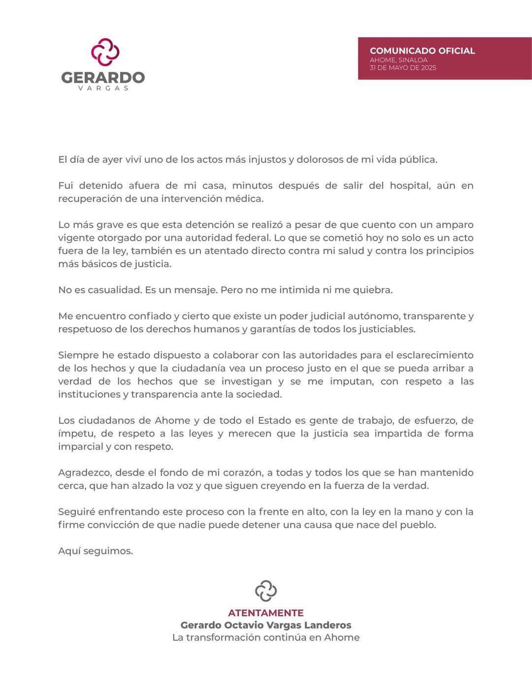 $!Fue un acto ilegal y atentado contra salud y justicia: Gerardo Vargas tras detención
