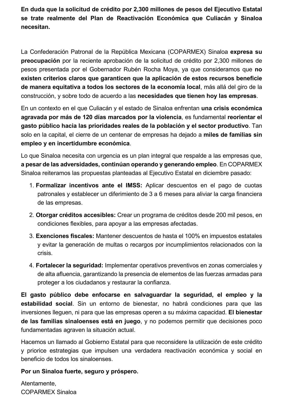 $!Exhorta Coparmex Sinaloa a Gobierno para reconsiderar uso de crédito de $2,300 millones