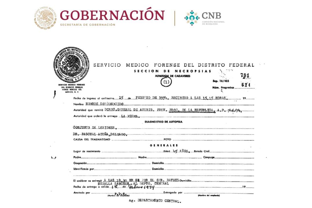 $!Registro del ingreso en el Semefo del Distrito Federal como “desconocido” de un integrante de las Fuerzas de Liberación Nacional que murió en el enfrentamiento con el Ejército y la Policía en 1974.