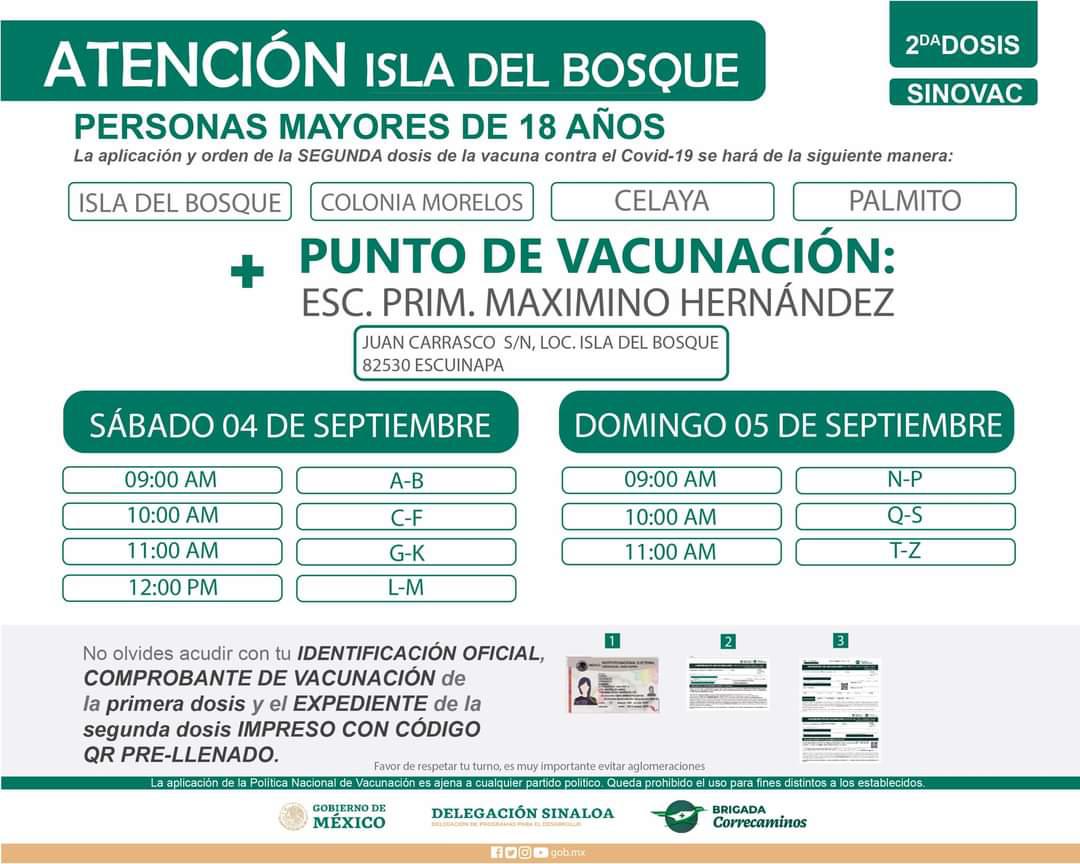 $!Del 3 al 5 de septiembre aplicarán segunda dosis de Sinovac a jóvenes de 18 a 29 años en Escuinapa y sus comunidades