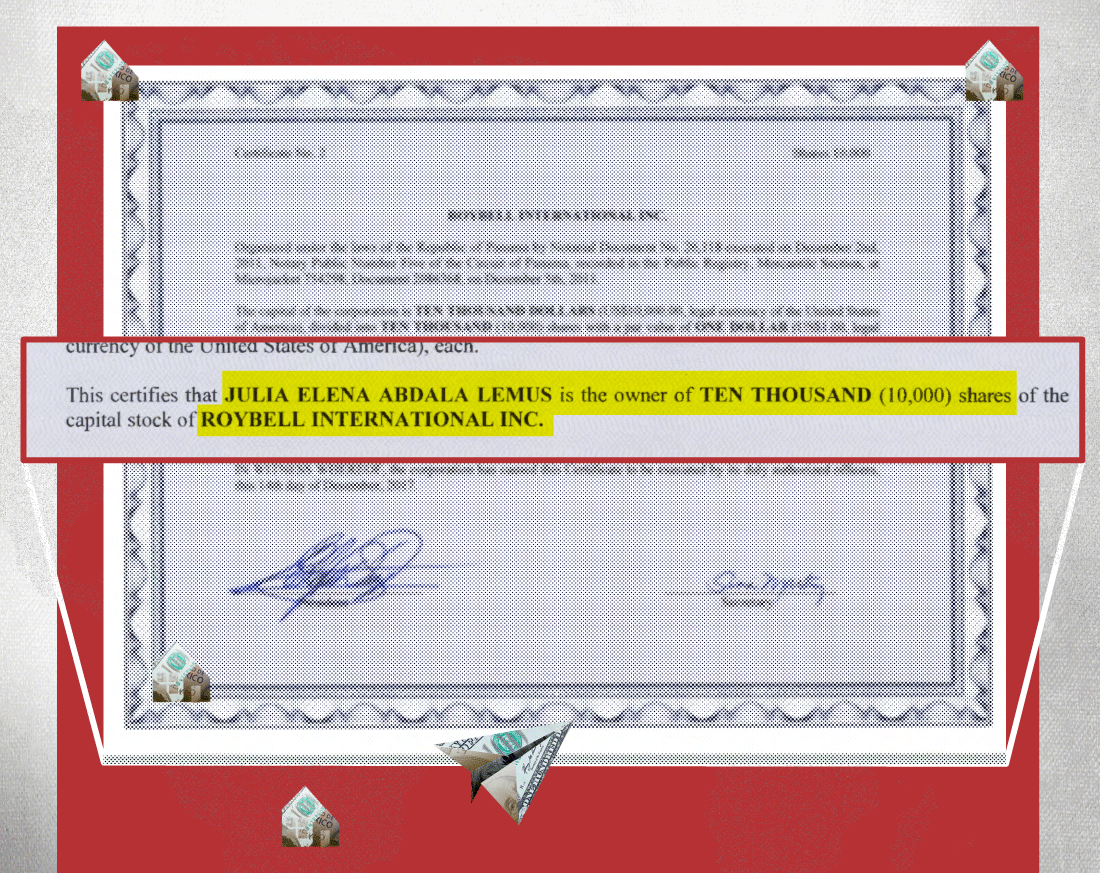 $!Certificado que muestra a Julia Abdala como propietaria de un paquete accionario en la offshore en Panamá.