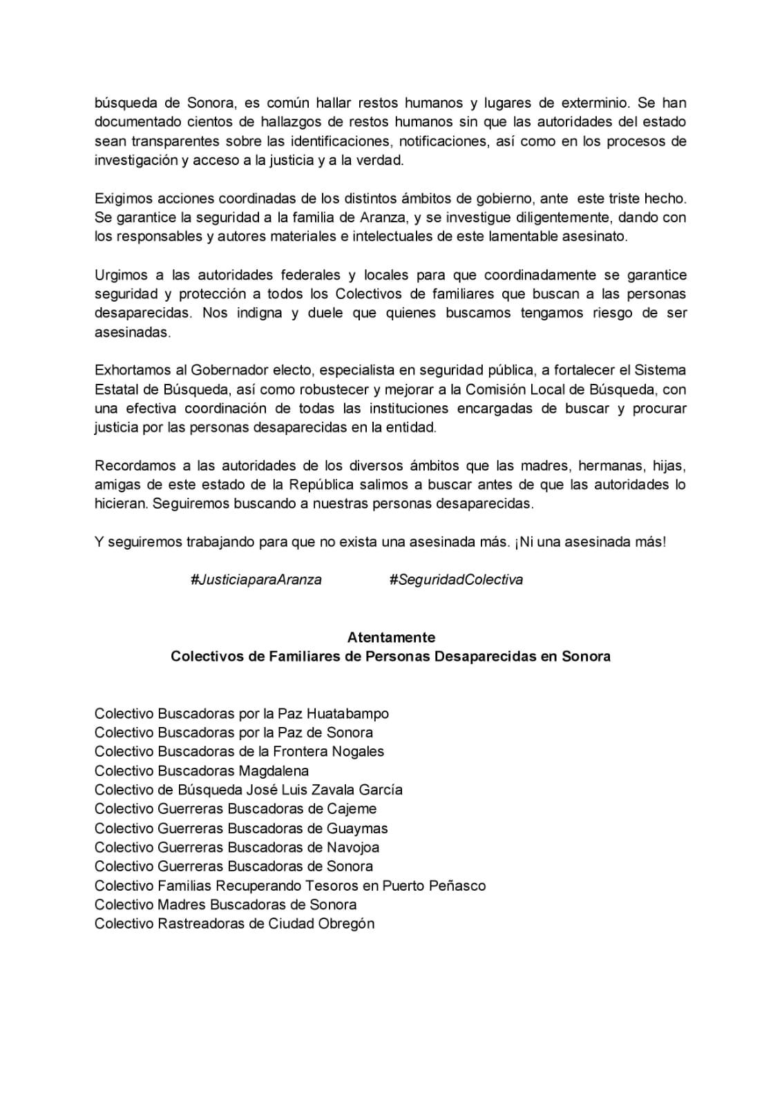 $!Colectivos de familiares de personas desaparecidas de Sonora exigieron justicia para Aranza Ramos así como seguridad y protección durante las labores de búsqueda.