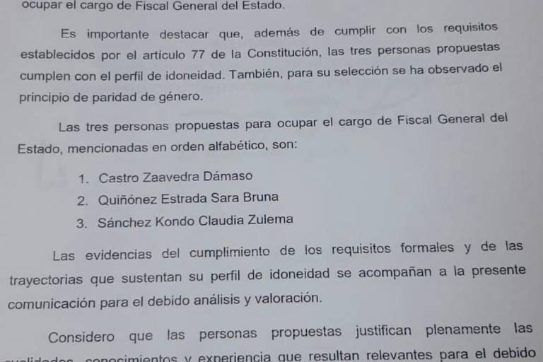 Entrega Rocha Moya al Congreso terna de aspirantes para Fiscal General; están Sara Bruna, Dámaso y Sánchez Kondo