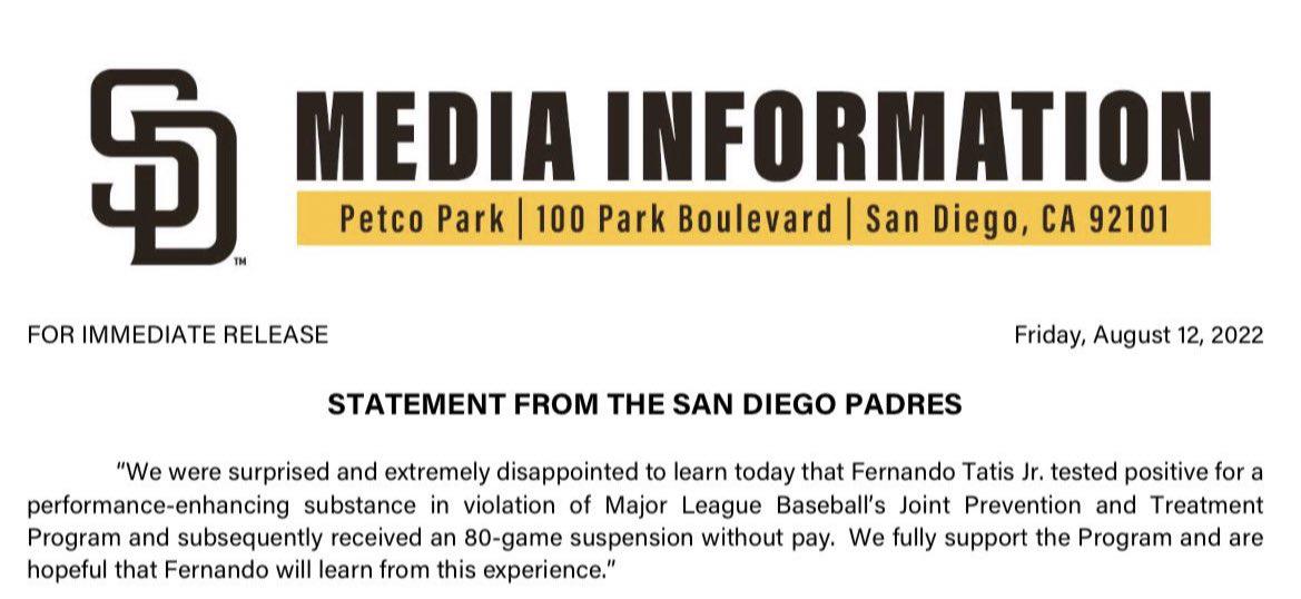 $!Fernando Tatis Jr. es suspendido 80 juegos por prueba positiva de dopaje