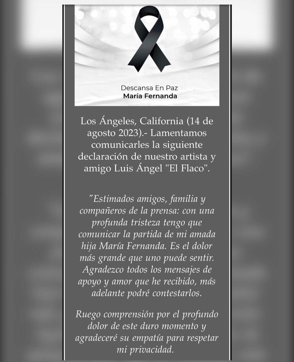$!Fallece en Mazatlán hija del cantante Luis Ángel ‘El Flaco’
