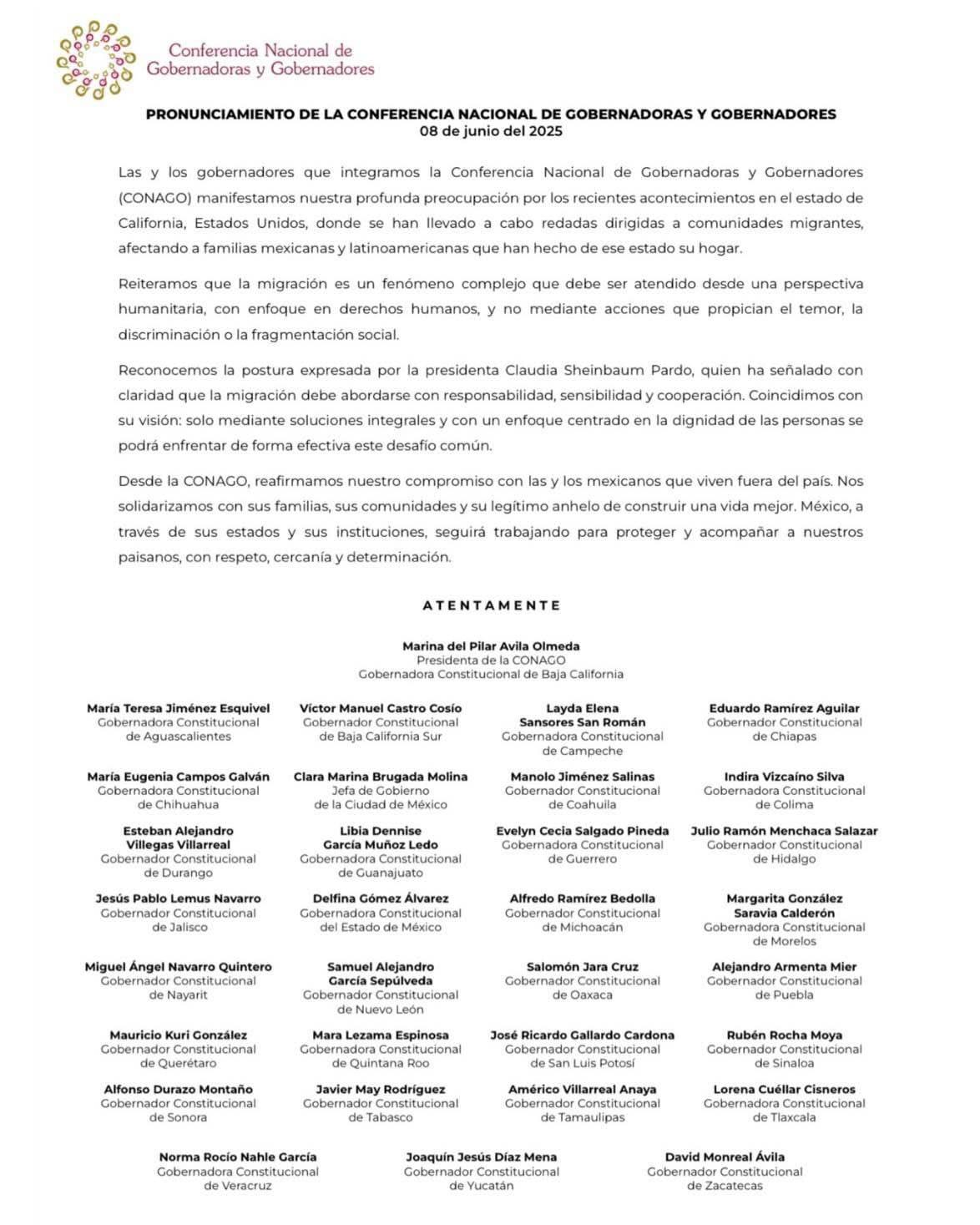 $!Rocha y gobernadores de México respaldan a Sheinbaum ante redadas de migración en Estados Unidos