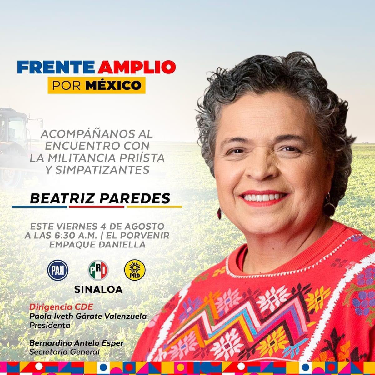 $!Beatriz Paredes llega a Sinaloa este viernes para encuentros con simpatizantes