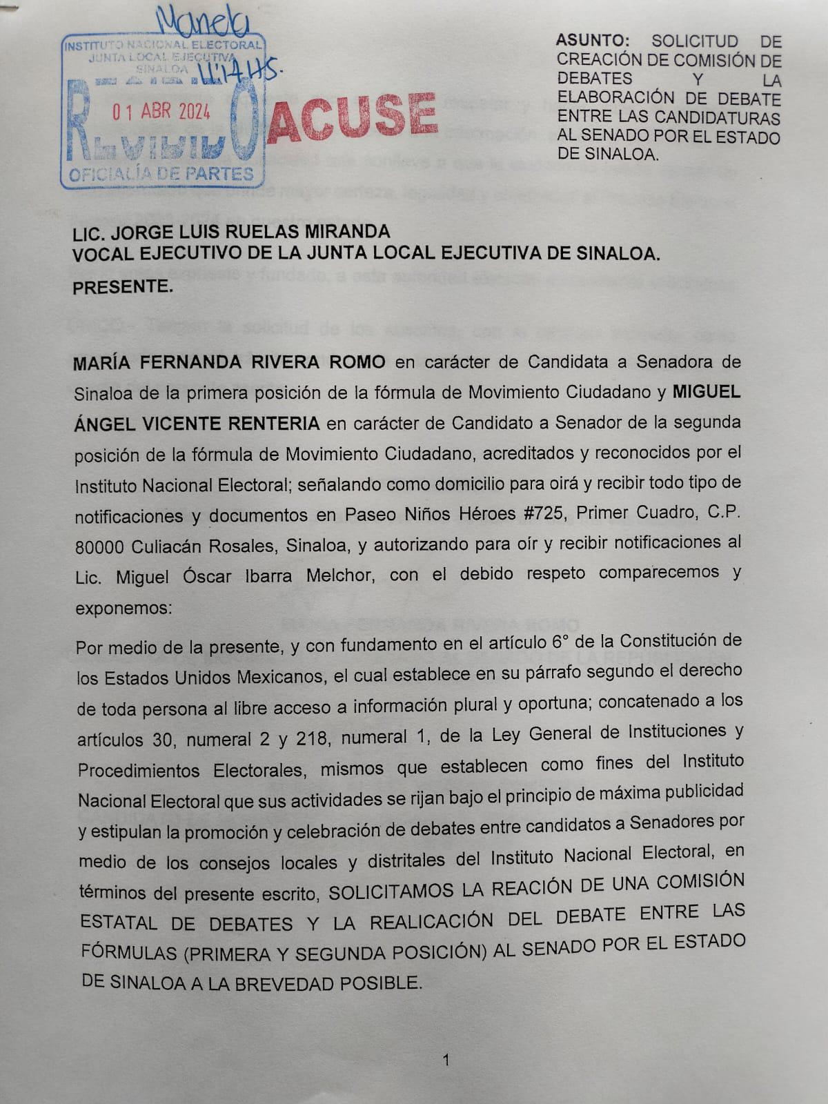 $!Candidatos al Senado por MC presentan ante el INE solicitud de debate