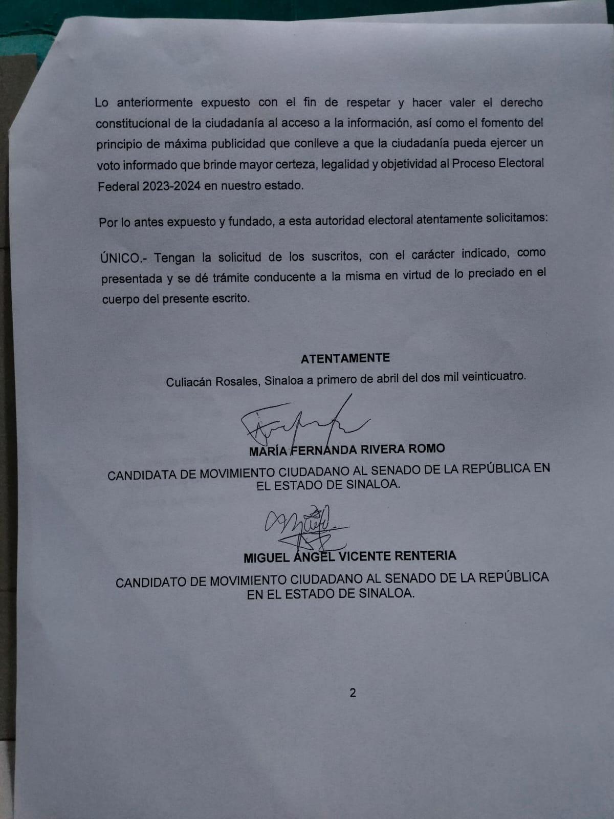 $!Candidatos al Senado por MC presentan ante el INE solicitud de debate