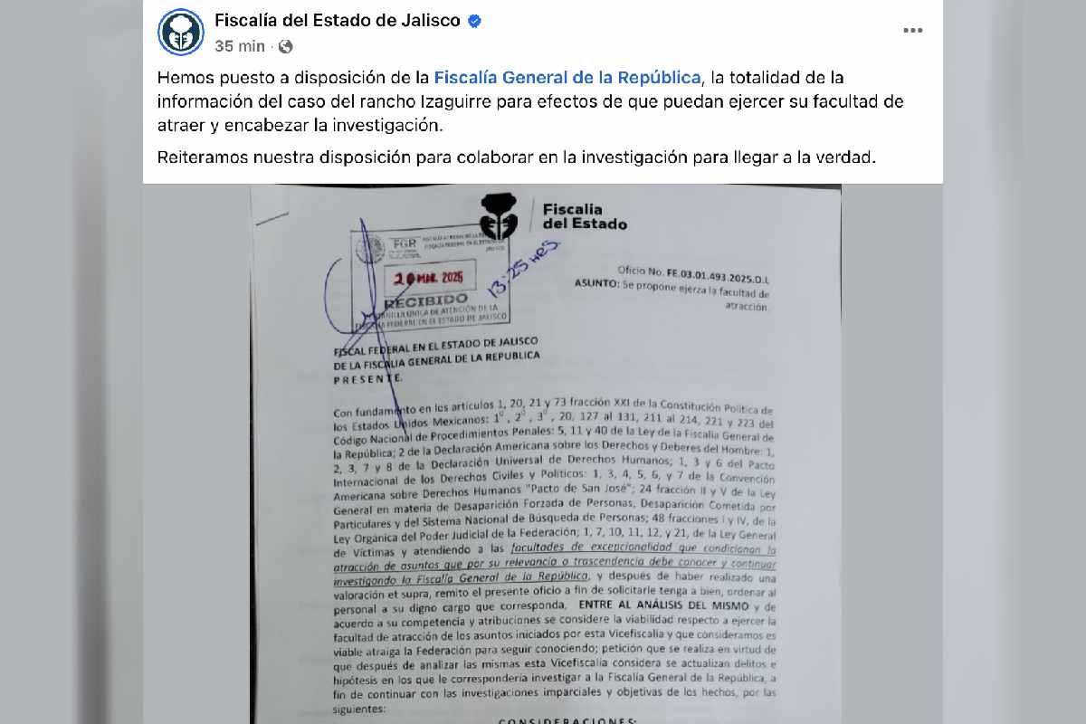 $!Fiscalía de Jalisco entrega información del caso Teuchitlán a la FGR; pide atracción de la investigación