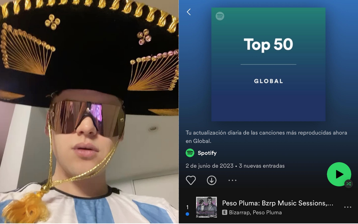 $!Logra Bizarrap el #1 en el Top 50 mundial de Spotify con la ‘BZRP: Session 55’ de Peso Pluma