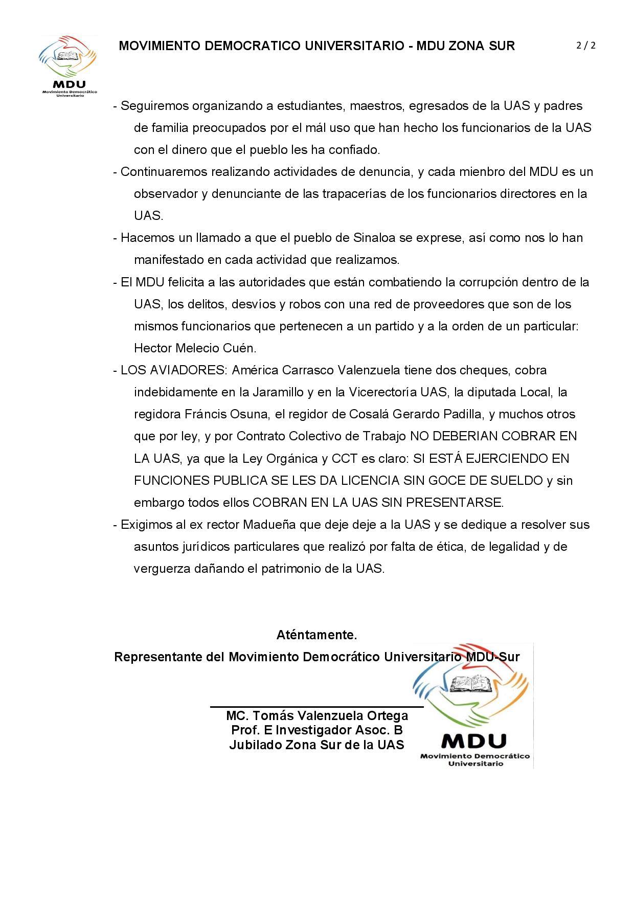 $!Movimiento Democrático pide que Jesús Madueña no utilice recursos de la UAS para su defensa