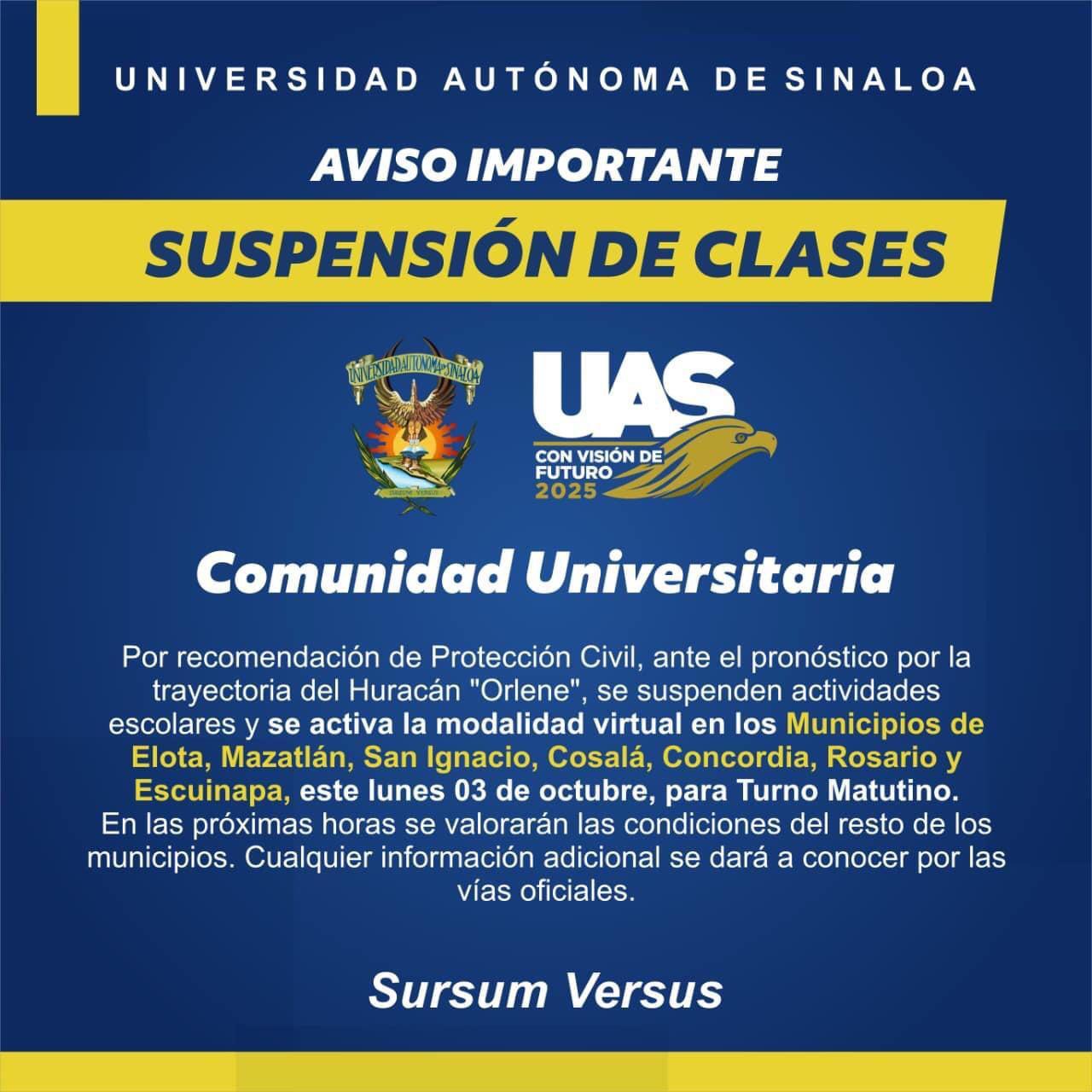 $!Suspenden clases este lunes por ‘Orlene’ desde Elota hasta Escuinapa