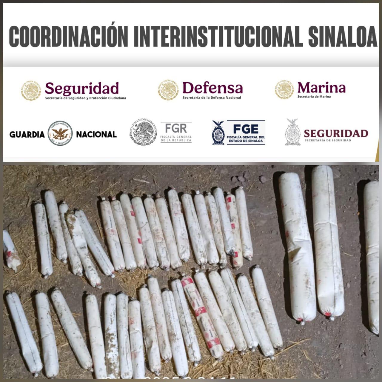 $!Semar asegura tubos de emulsión explosiva, municiones, equipo táctico y droga en Cosalá