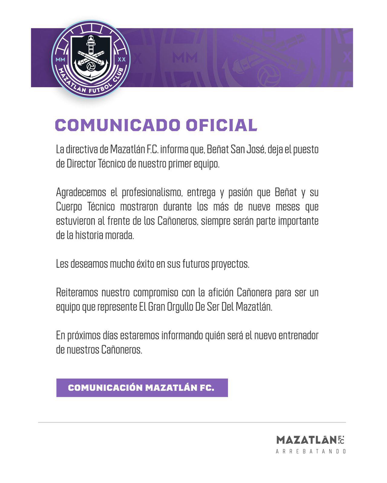 $!Beñat San José es cesado como director técnico del Mazatlán FC
