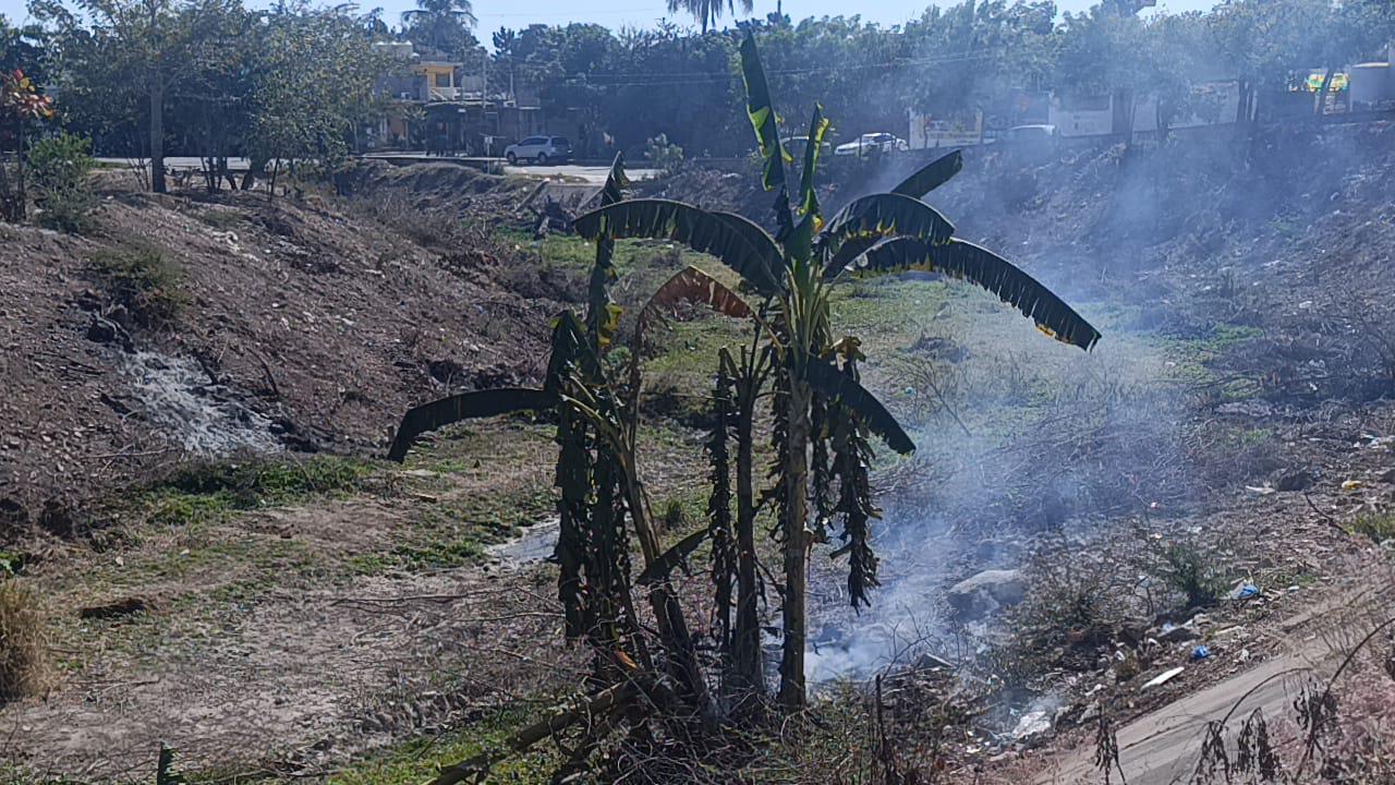 $!Quema de desechos de árboles y basura contamina el arroyo buñigas en Escuinapa