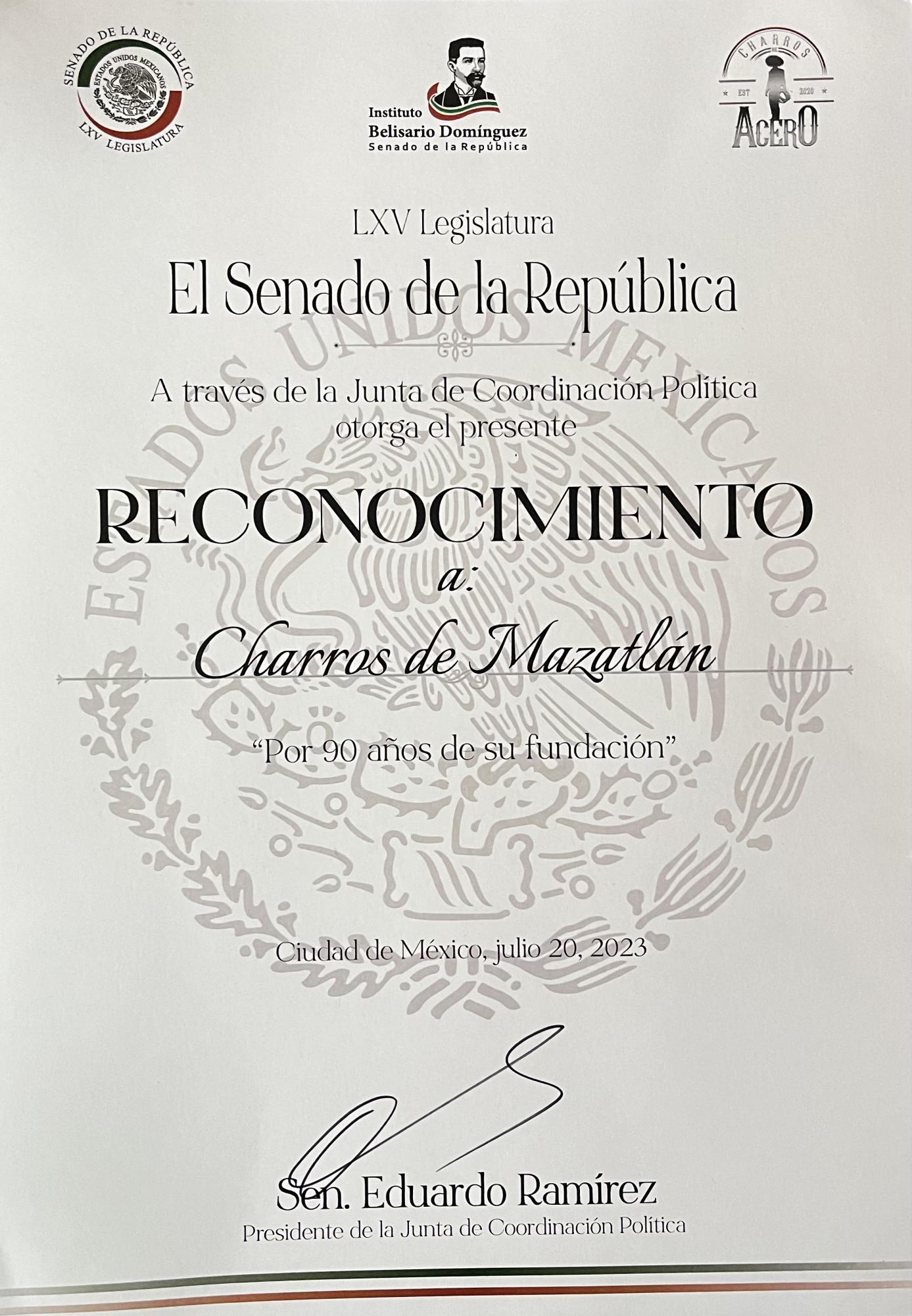 $!Asociación de Charros de Mazatlán recibe reconocimientos en el Senado de la República
