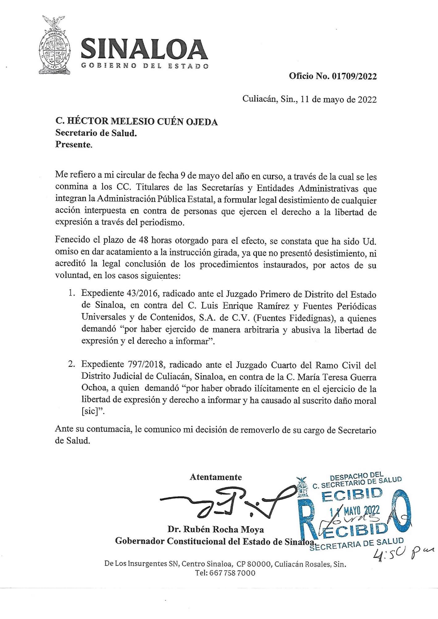 $!El Secretario de Salud en Sinaloa, Melesio Cuén, es cesado de su cargo