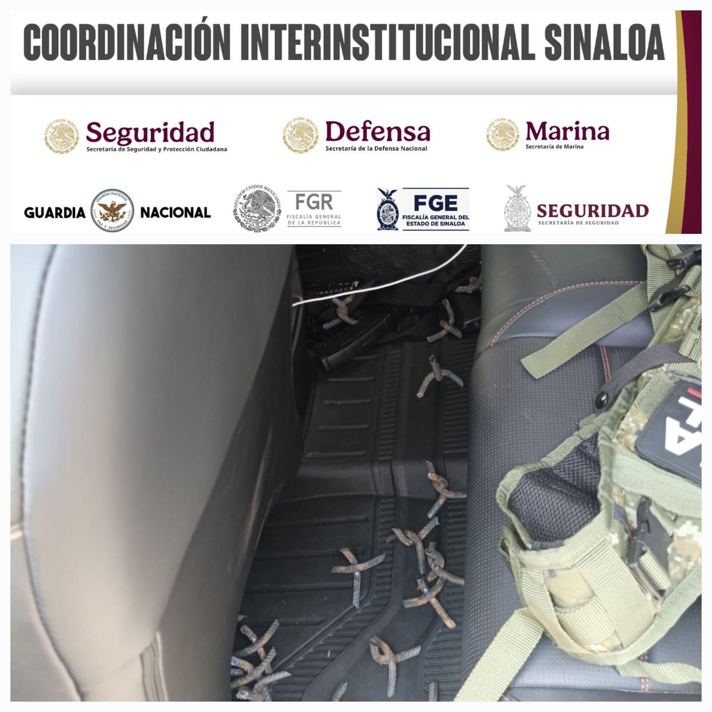 $!Confiscan un arma larga y ponchallantas en el vehículo asegurado tras persecución en Culiacán