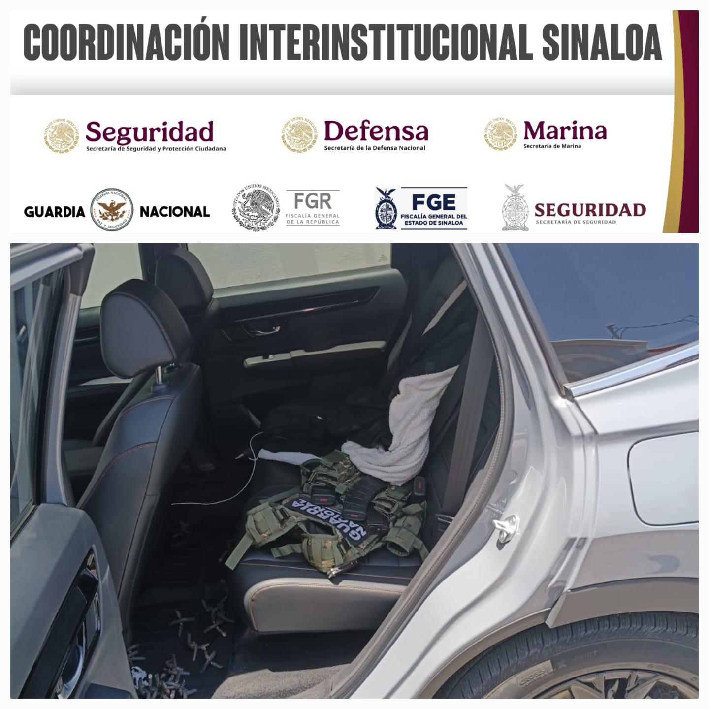 $!Confiscan un arma larga y ponchallantas en el vehículo asegurado tras persecución en Culiacán
