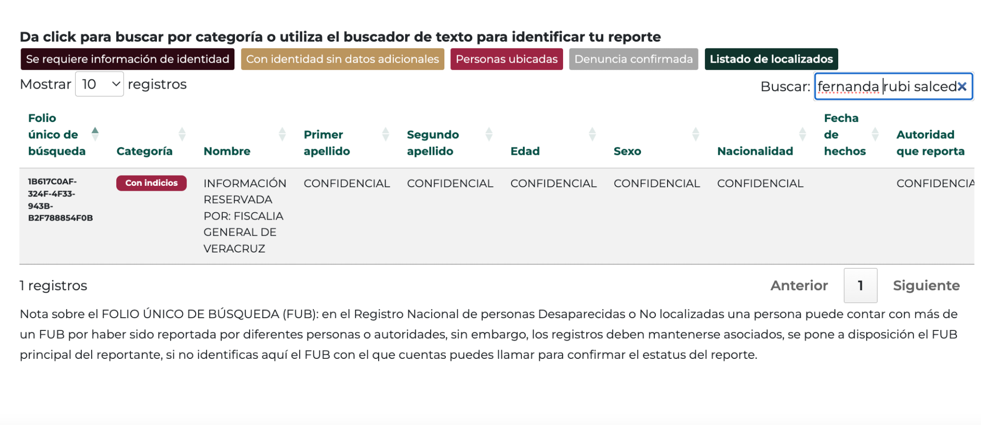 $!Captura de una de las clasificaciones erróneas. Fernanda Rubí Salcedo Jiménez figura como ubicada, y su información está reservada. De ninguno de estos datos tenía conocimiento su madre, Araceli Salcedo.