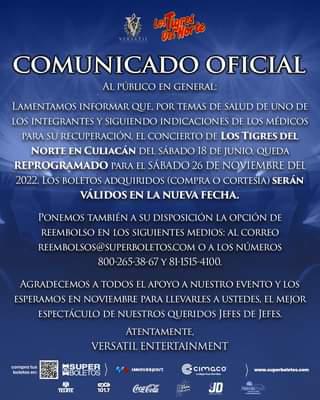 $!¡Otra vez! Los Tigres del Norte posponen su presentación en Culiacán