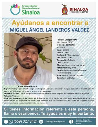 Cédula: RZS-0076-2025 con los datos de Miguel Ángel Landeros Valdez, desaparecido en Mazatlán.