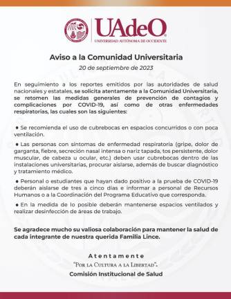 Retoman el uso del cubrebocas en la Universidad Autonóma de Occidente.