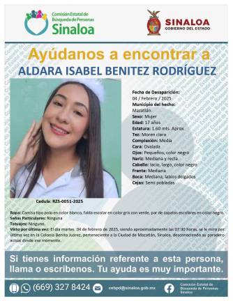 Cédula de búsqueda de Aldara Isabel Benítez Rodríguez, en la Colonia Juárez, de Mazatlán.