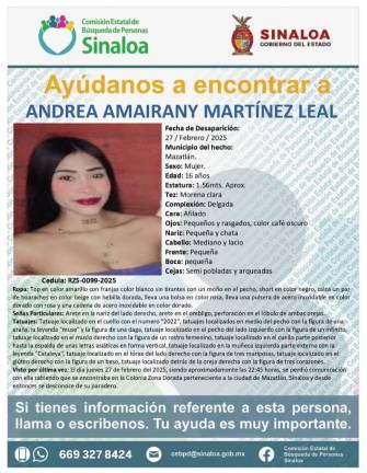 Cédula RZS-0099-2025 por la desaparición de Andrea Amairany Martínez Leal, de 16 años de edad.