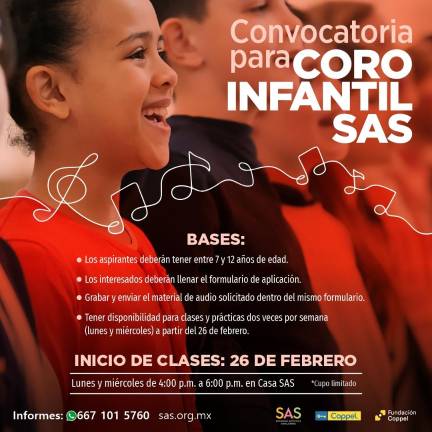 La Sociedad Artística Sinaloense convoca al Coro Infantil SAS.