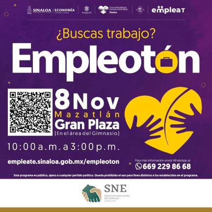 El Empleatón es este viernes 8 de noviembre de las 10:00 a las 15:00 horas en la Gran Plaza, en Mazatlán.