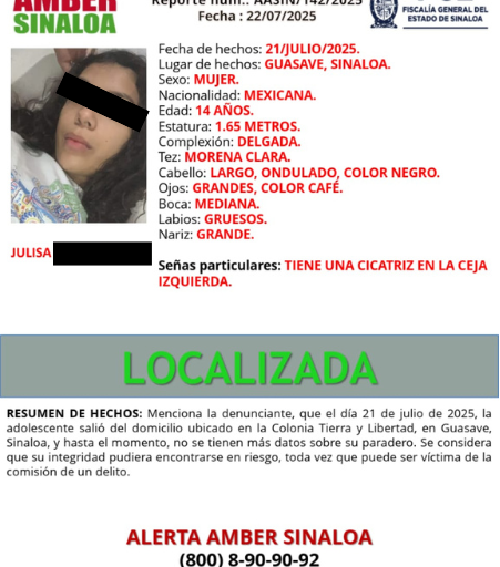 Localizan con vida a Julisa, adolescente reportada desaparecida en Guasave